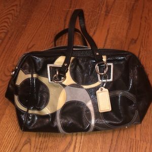 RARE Coach Patent Leather Handbag Black/Gray/Beige “C”